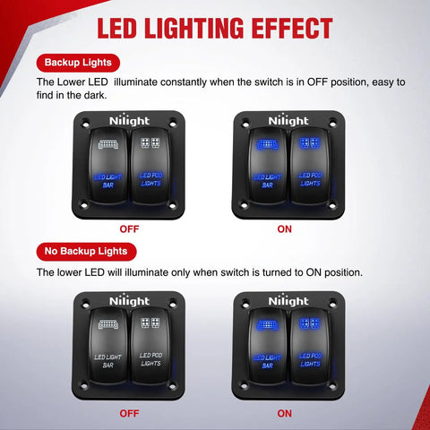 16AWG LED Light Bar Wiring Harness Kit 12V On Off 2 Gang Rocker Switch Panel shown with light effects