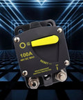 Manual Reset Circuit Breaker 300A High Amperage Switch For Truck Boat Trolling Motor Car Stereo Systems Solar Panels Battery Backup And RV Power Distribution Blocks Rig Ready against a dark geometric background.