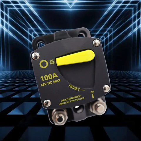 Manual Reset Circuit Breaker 300A High Amperage Switch For Truck Boat Trolling Motor Car Stereo Systems Solar Panels Battery Backup And RV Power Distribution Blocks Rig Ready against a dark geometric background.