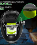 Front view of black TRQWH laser welding helmet with large yellow-green viewing window; inset shows OD8+ label.