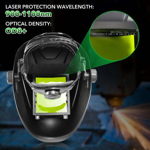 Front view of black TRQWH laser welding helmet with large yellow-green viewing window; inset shows OD8+ label.