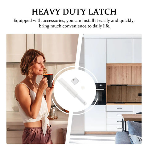 Upgrade Your Cupboards With These Durable White Plastic Rebounders For Easy Push To Open, showing a latch and kitchen setup.