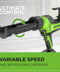 Cordless 24V Caulk Gun With 10 Oz Capacity, 6 Speed Variable Flow, anti drip design, ultimate control, 360 rotating cartridge