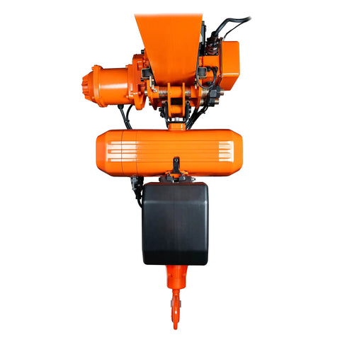 Heavy Duty Workhorse 2 Ton Electric Chain Hoist With Wireless Remote And 20 Ft Power Trolley overhead view showcasing motor and hook.