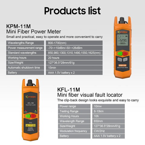 Komshine KPM-11M optical power meter and KFL-11M visual fault locator, orange handheld fiber test tools