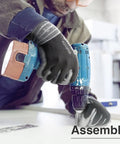 Person using a drill while wearing PU Coated Work Gloves For Light Duty Tasks, Breathable Nylon Knit With Ultra Thin Dexterity.