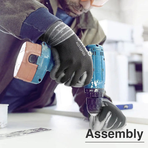 Person using a drill while wearing PU Coated Work Gloves For Light Duty Tasks, Breathable Nylon Knit With Ultra Thin Dexterity.