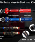 12 Ft 3 In 1 Air Line Kit For Semi Truck With Air Hoses And Power Line Gladhands Handles Holder Tender Spring Kit Seals And Clamps For Leak Free Air Brake System On Trailer And Tractor, showing red and blue gladhands with hose protectors and connections.