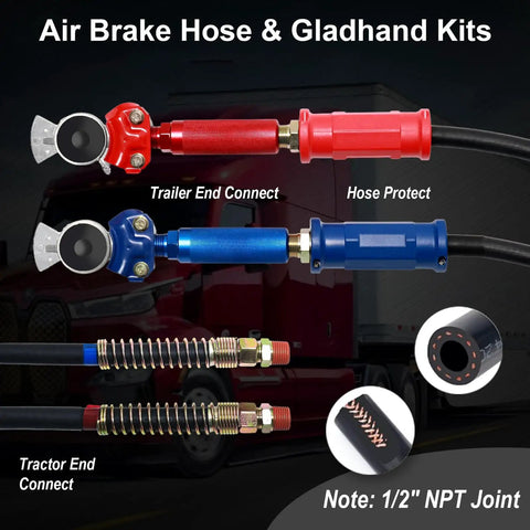 12 Ft 3 In 1 Air Line Kit For Semi Truck With Air Hoses And Power Line Gladhands Handles Holder Tender Spring Kit Seals And Clamps For Leak Free Air Brake System On Trailer And Tractor, showing red and blue gladhands with hose protectors and connections.