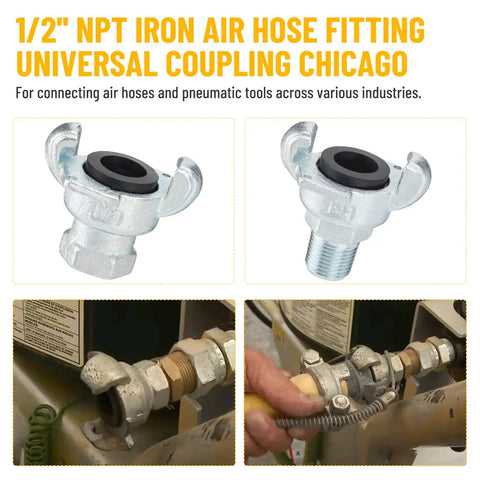 Half Inch NPT Iron Air Hose Fittings Set, Chicago Universal Coupling with two fittings, installation shown in use