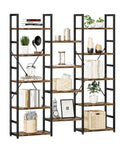 Triple Column Five Tier Bookshelf With Fourteen Open Display Shelves Rustic Industrial Style Modern Bookcase with decor items