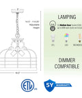 Industrial Farmhouse 17 Inch 3 Light Pendant Chandelier With Cage Shade dimensions and bulb compatibility chart