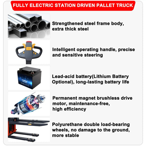 Image of Fully Electric Station Driven Pallet Truck showcasing strengthened steel frame, operating handle, lead-acid battery, and polyurethane wheels.