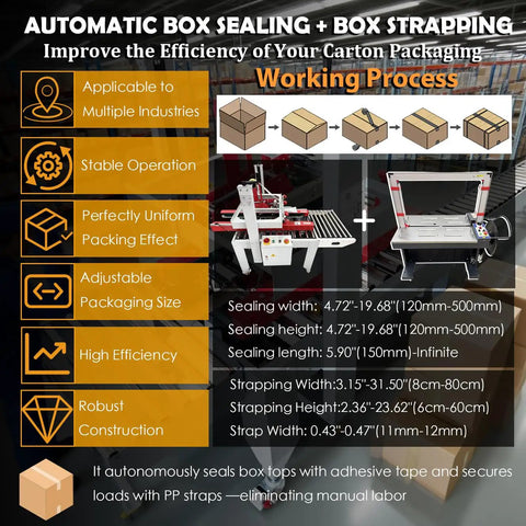 Top Shelf Automatic Carton Sealer And Strapping Machine Combo with adjustable size options for efficient packaging.