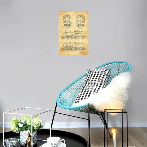 Old School Steam Locomotive Blueprint Wall Art Print Aged Paper Style Antique Train Technical Drawing in a modern living room