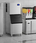 Commercial Ice Maker Machine For Restaurants And Bars Big Industrial Freestanding Stainless Steel Ice Machine That Cranks Out 550 Lbs Per Day With 400 Lbs Storage Ice Ready In 7 To 12 Minutes Clear Cube Ice Energy Efficient Copper Compressor installed in kitchen