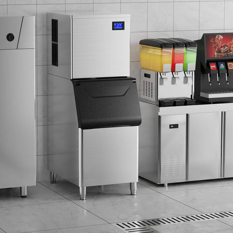 Commercial Ice Maker Machine For Restaurants And Bars Big Industrial Freestanding Stainless Steel Ice Machine That Cranks Out 550 Lbs Per Day With 400 Lbs Storage Ice Ready In 7 To 12 Minutes Clear Cube Ice Energy Efficient Copper Compressor installed in kitchen