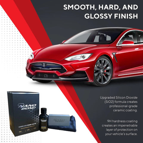 Red car with 80 Percent SiO2 Nano Ceramic Coating for Cars and detailing kit, showcasing hydrophobic paint protection.