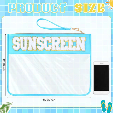 Clear PVC Sunscreen Storage Pouch With Zipper Large Capacity Transparent Makeup Organizer, 15.75 x 12.20 inches, blue trim