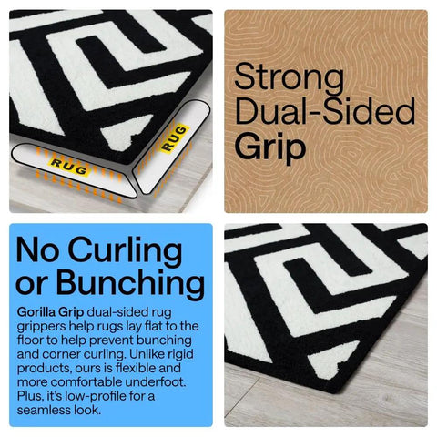Rug Gripper Pad Kit With 24 Reusable Double Sided Stickers Keeps Rugs Flat And In Place, visual of dual-sided grip and no curls.