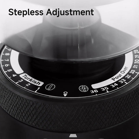 Badass Hella Precise Electric Burr Coffee Grinder With Robust Aluminum Body And Slick Single Dose Design Featuring 36 Crisp Grind Settings For Serious Home Baristas stepless adjustment dial showing grind settings.