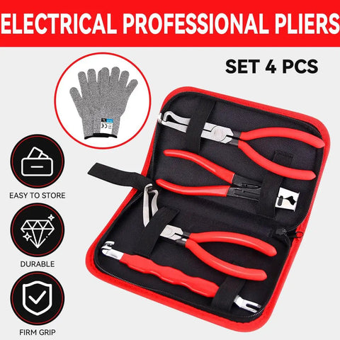4-Piece Auto Electrical Disconnect Pliers Set With Storage Box For Safe Push Tab Connectors in red zipper case open view