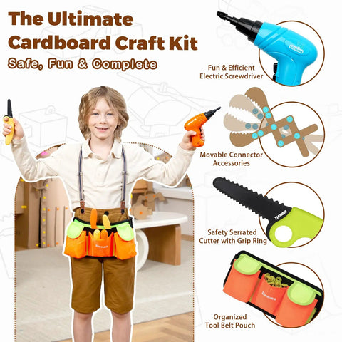 Kids Cardboard Construction Tool Set With Safe Kid Friendly Hands On Drill And Tool Belt 258 Pieces STEM Building Kit For Hands On Creative Projects And DIY Engineering Fun For Boys And Girls At Home Or In School. child with tool belt and drill