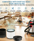 2-Pack Cartridge Filter Kit With Lids, 4 Foam Sleeves, And Cleaning Brush For 90304 Series Wet Dry Vacuums Replacement For 90304 90350 90333 90585 Fits Most 5 Gal And Up Vacuums High Efficiency Pro Kit displayed next to vacuum in living room