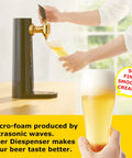 Top Shelf Mini Draft Beer Dispenser With Ultrasonic Fizz Lock Technology pouring beer with creamy foam into a glass.