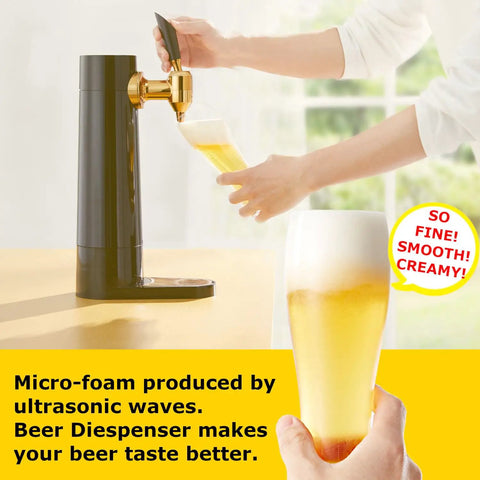 Top Shelf Mini Draft Beer Dispenser With Ultrasonic Fizz Lock Technology pouring beer with creamy foam into a glass.