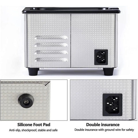 Professional Ultrasonic Jewelry Cleaner Machine With Thirty Five Watt Motor And Zero Point Eight Liter Tank featuring silicone foot pad and power socket.