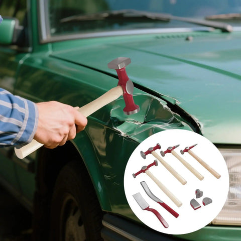 9 Piece Auto Body Repair Tool Kit With Hammer And Dolly Set For Car Dents And Door Dings used on green car dent