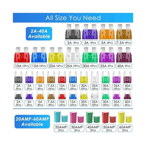 304 Piece Car Fuse Kit With Standard Mini Carblade Fuses, Low High Profile Box Fuses, Assorted Amp Selection Displayed