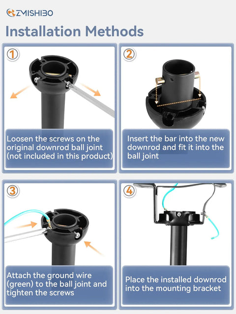 Installation methods for Rock Solid 36 Inch Ceiling Fan Downrod Extension Rod, showing steps with black steel components.