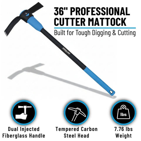 5 Lb Carbon Steel Head Mattock With 36 Inch Dual Injected Fiberglass Handle for heavy duty yard work and landscaping