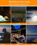 Collage of uses for Workhorse 20W Led Portable Work Light And Solar Flood Illuminator, including camping and picnics.