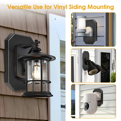 Outdoor Light Mounting Block For One Half Inch Lap Siding, Fits Double Vinyl Siding, T111, HardiePlank Lap Siding, And Flat Surfaces, Easy DIY Exterior Light Install, Sturdy Weatherproof Mount on brown siding with wall lantern