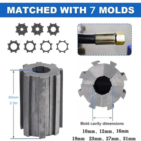 Heavy Duty Manual Hydraulic Hose Crimper With Seven Precision Dies showing seven molds with dimensions for various sizes.