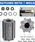 Kickass Manual Hydraulic Hose Crimping Machine With Seven Precision Dies And 35 MPa Operating Pressure showing seven molds and dimensions.