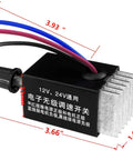 Universal 12V And 24V Motor Speed Controller Electronic Stepless Regulator Switch with dimensions and wiring details.