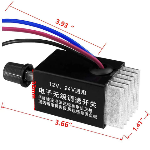 Universal 12V And 24V Motor Speed Controller Electronic Stepless Regulator Switch with dimensions and wiring details.