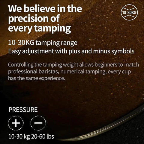 Pressure adjustment display for 58mm Automatic Espresso Coffee Tamper With Adjustable Height And Custom Pressure Control.