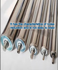 Heavy Duty Stainless Steel Conveyor Rollers For Belt Frames Quick Snap Spring Mount Idlers No Sweat Install Super Tough Design Smooth Material Transport Reliable Shop Workhorse Grade 2.4 X 39.4 close-up of various roller sizes.