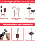 Steps to fit sanding band, polishing wheel, and cutting wheel from All In One 699 Piece Rotary Tool Accessories Kit With One Eighth Inch Shank Bits Dremel Compatible.