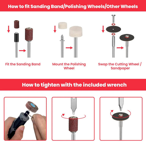 Steps to fit sanding band, polishing wheel, and cutting wheel from All In One 699 Piece Rotary Tool Accessories Kit With One Eighth Inch Shank Bits Dremel Compatible.