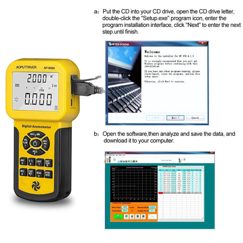 HVAC Anemometer And Air Flow Meter With USB PC Export Pro Grade Ultra Precise 0.001 Resolution Wind Speed And Temperature Gauge, software setup screens