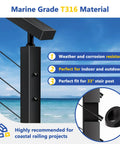 20 Pack 0.35 Inch Inner Diameter T316 Marine Grade Stainless Steel Angle Beveled Washers With 33 Degree Bevel For Five Sixteenth Inch Cable Railing Hardware Aluminum Rugged Outdoor Ready End Posts Black, shown with installation guide and beach view background.