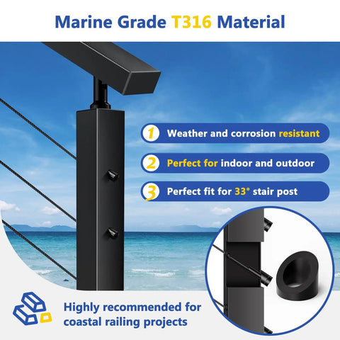 20 Pack 0.35 Inch Inner Diameter T316 Marine Grade Stainless Steel Angle Beveled Washers With 33 Degree Bevel For Five Sixteenth Inch Cable Railing Hardware Aluminum Rugged Outdoor Ready End Posts Black, shown with installation guide and beach view background.