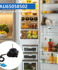Condenser Refrigerator Fan Motor Replacement, DC12V 1A, plug and play design next to open refrigerator with various foods visible.