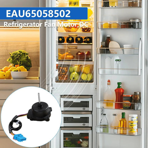 Condenser Refrigerator Fan Motor Replacement, DC12V 1A, plug and play design next to open refrigerator with various foods visible.